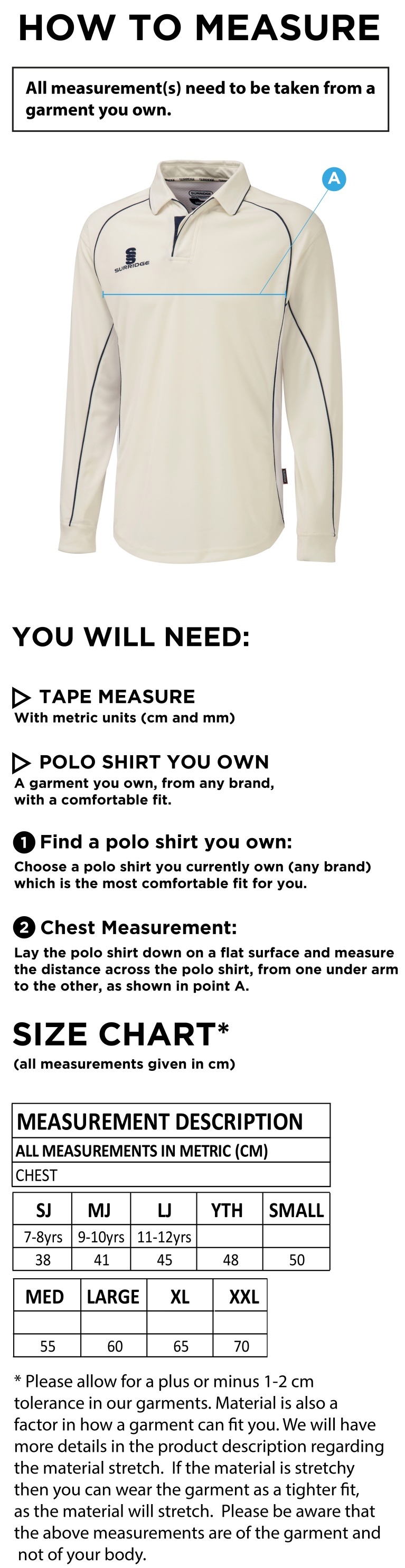 Appleton CC Premier Long Sleeved Shirt - Size Guide