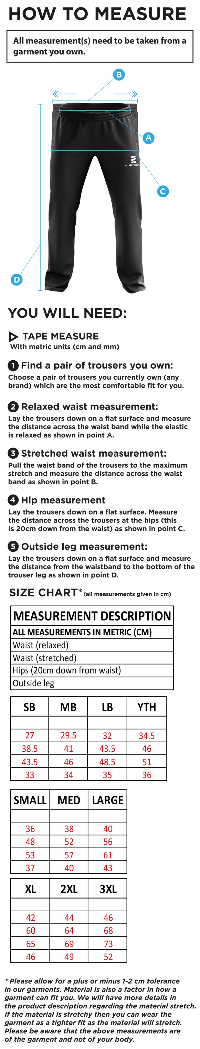 Appleton CC Ripstop Track Pants - Size Guide