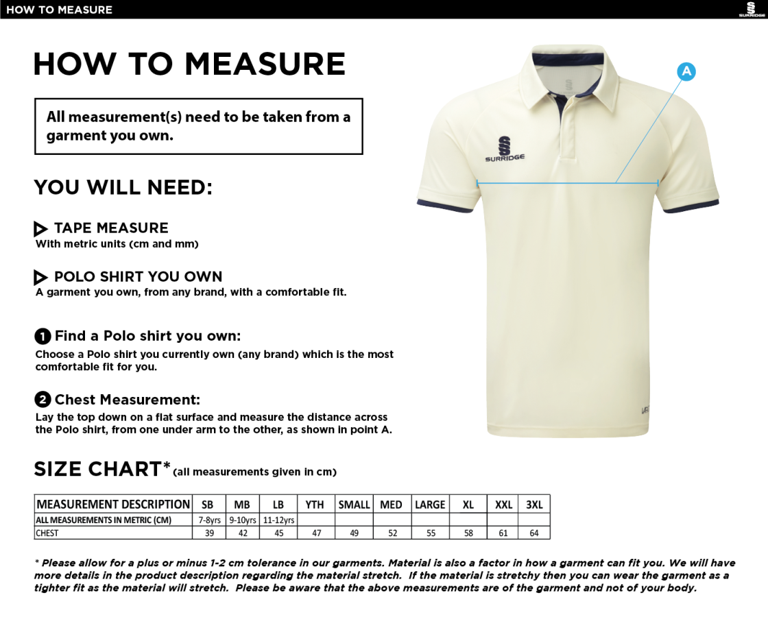 Appleton CC Ergo Short Sleeved Playing Shirt - Size Guide