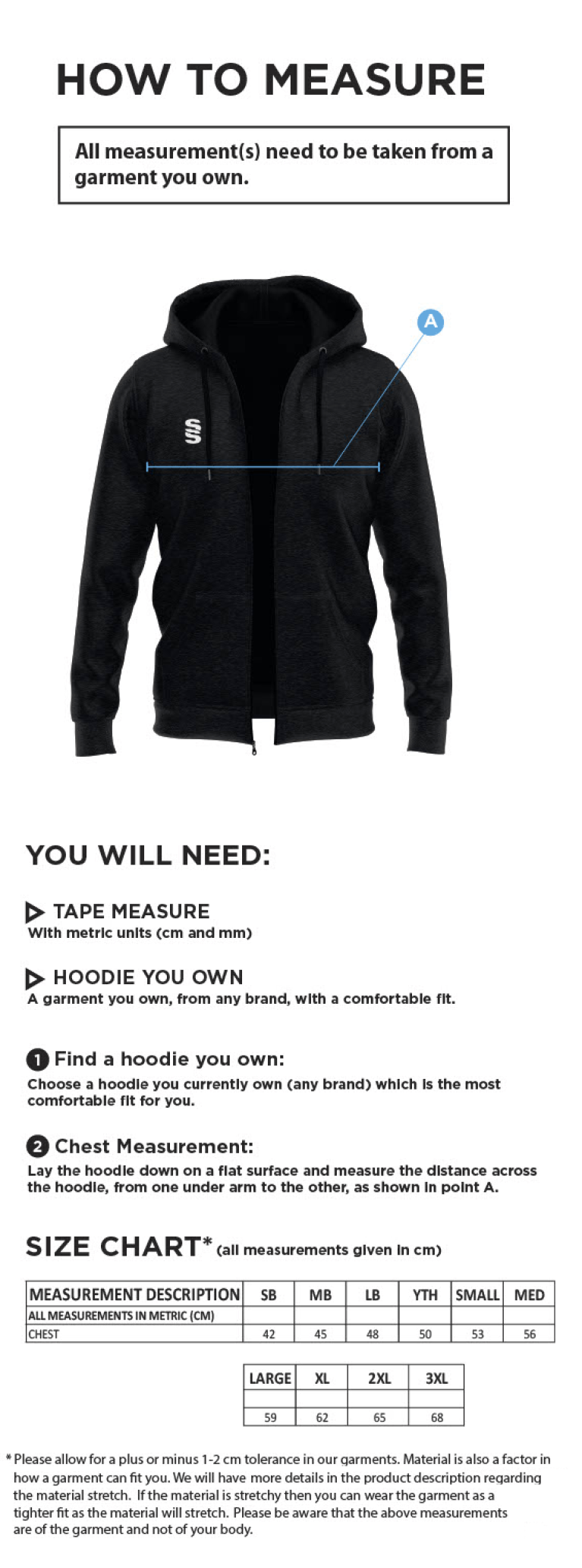 Appleton CC Dual Full Zip Hoody - Size Guide