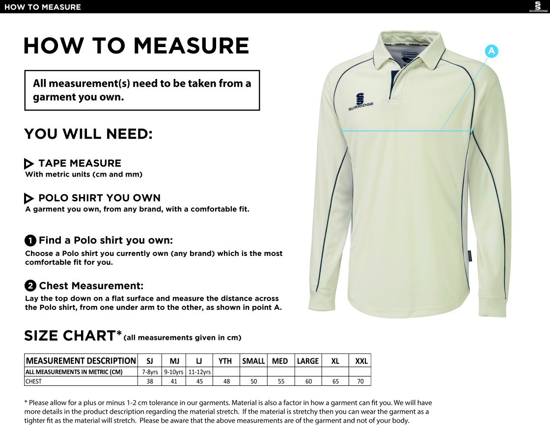 Appleton CC Premier Long Sleeved Shirt Womens - Size Guide
