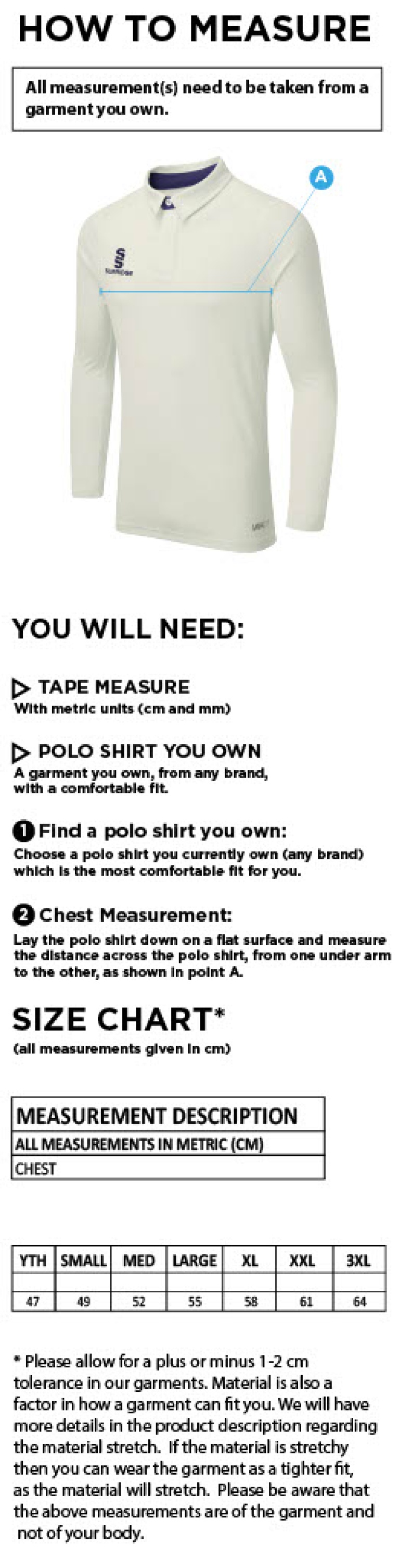 Appleton CC Ergo Long Sleeved Shirt - Size Guide