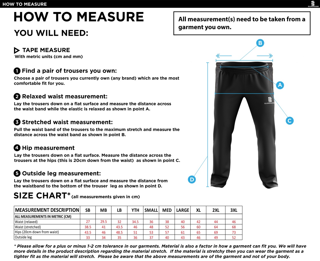 Appleton CC Ripstop Track Pants - Size Guide