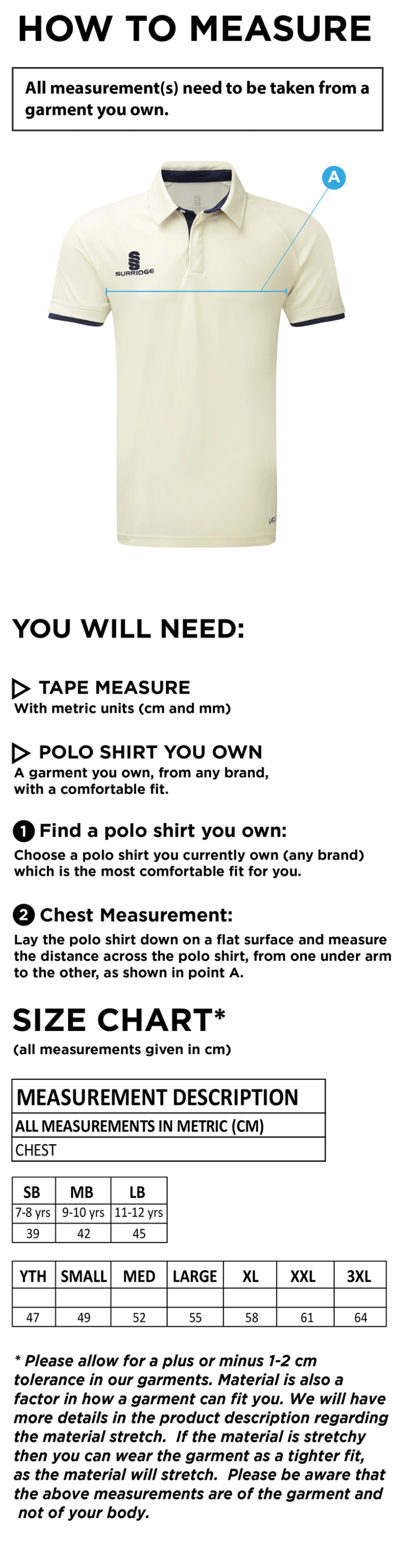 Appleton CC Ergo Short Sleeved Playing Shirt - Size Guide